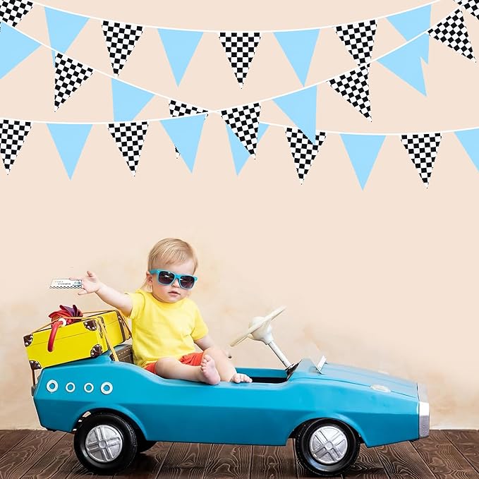 32Ft Racing Party Decorations Blue Black White Checkered Racing Car Fabric Banner Triangle Flag Pennant Garland Streamers for Boys Car Birthday Party Supplies Baby Shower NASCAR Picnic Outdoor Decor
