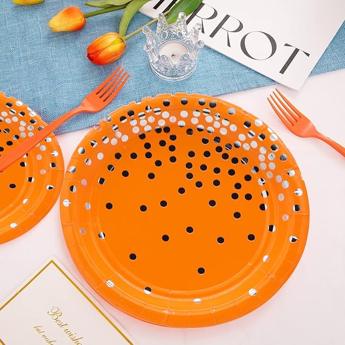 50 Pcs Party Supplies - Orange Silver Dot Tableware Set - 7/9 Inch Paper Plates for Birthdays, Weddings & More