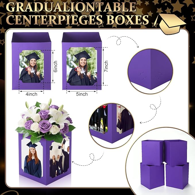 Spiareal 6 Pcs Graduation Box Centerpieces for Table 6/7 Inch Photo Frame Display Congrats Grad Party Favor Gift Picture Table Box Photo Props Frame for Graduation Decoration(Purple)