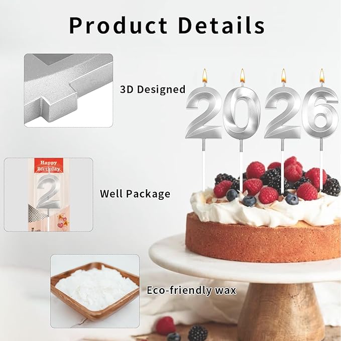 Graduation Candle 2026, 4 Pcs 3D Visual 2025 Silver Number Candles for Graduation Cake Decorations, Class of 2026 Cake Topper, 20, 22, 26, 60, 62 Birthday Candles Happy Birthday Cake Toppers