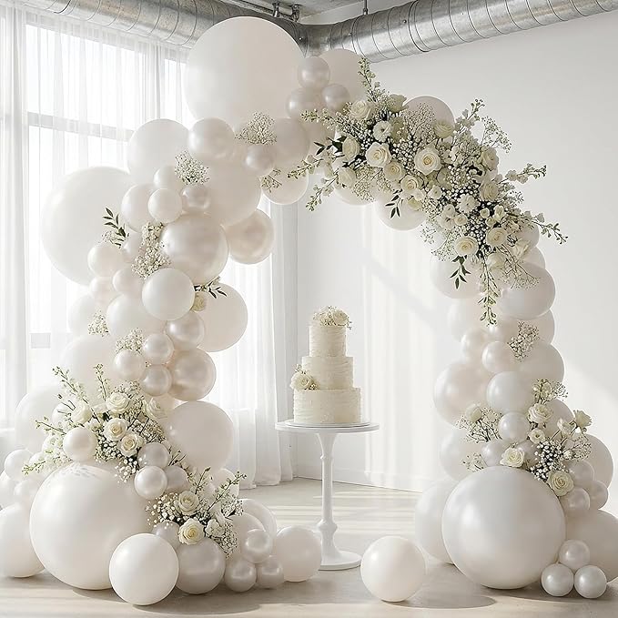 RUBFAC 135pcs Pearl White Balloons, Latex Balloon Different Sizes 18 12 10 5 Inch for Garland Arch Wedding Engagement Anniversary Bridal Baby Shower Birthday Party Decoration