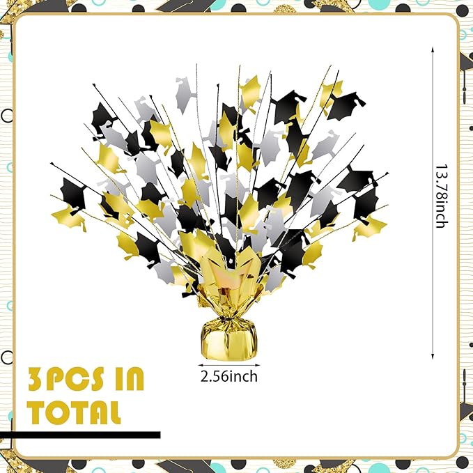 Juexica 3 Pcs 2026 Metallic Burst Table Centerpiece Mini Grad Caps Foil Spray Black Gold Silver Graduation Party Glitter Tableware Decorations for High School College Congrats Dinner Decor 14"