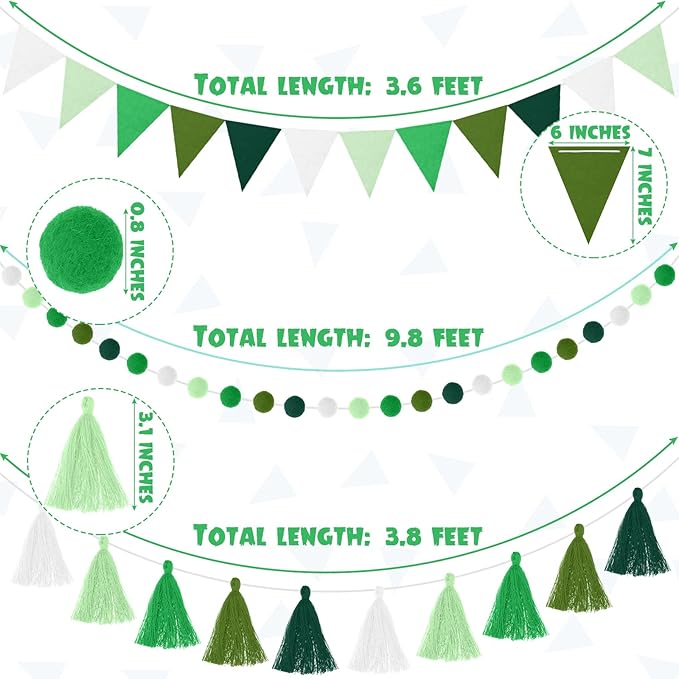 Irenare 9.8 ft Pom Pom Garland Felt Rainbow Garland 2026 Graduation Party Decoration Colorful Pennant Tassel Banner Back to School Birthday Triangle Banner for Classroom School Mantel(Gradient Green)