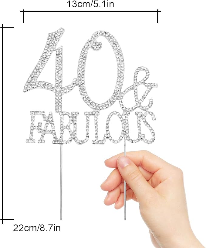 40 & Fabulous Cake Topper 40 Years Birthday Or 40th Wedding Anniversary Silver Crystal Rhinestone Party Decoration
