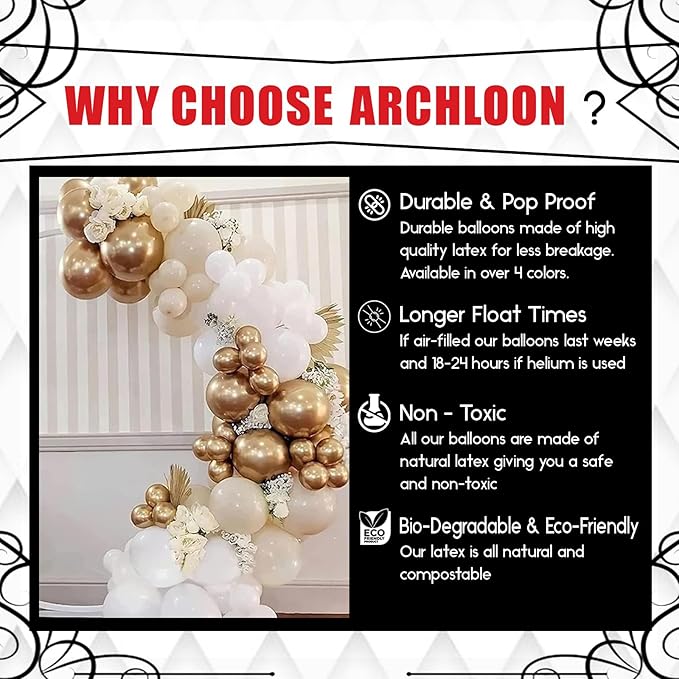 Archloon White Sand Gold Balloons Garland Arch Kit,192PCS White Nude Balloons with Metallic Chrome Gold Latex Balloons for Birthday Decorations