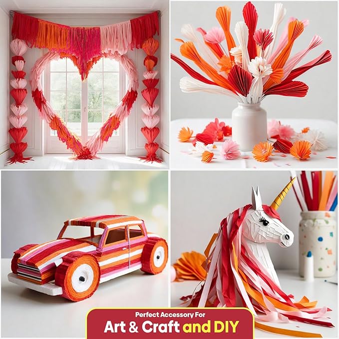 Crepe Paper Streamers - 8 Rolls, 656ft Pack in Red, White & Orange for Parties & Birthdays (1.8 in x 82 ft/Roll)
