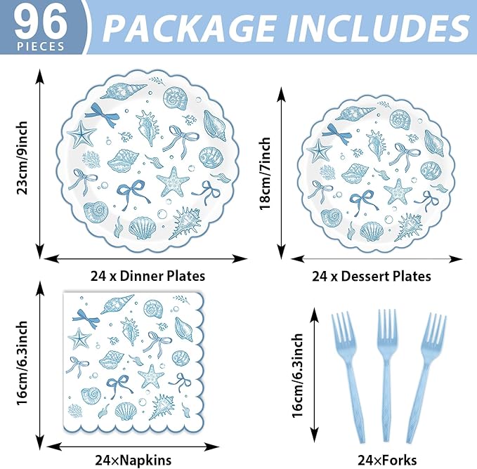 96pcs Scalloped Coastal Party Supplies Tropical Blue Bow Starfish Seashell Plates and Napkins Tableware Set Ocean Theme Party Decorations for Summer Beach Wedding Birthday Bachelorette for 24 Guests
