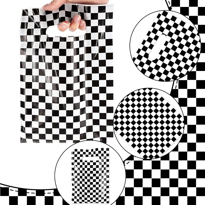 Hxezoc 50 Pieces Race Car Party Bags Plastic Checkered Bags Practical Gift Bags Car Party Favors for Race Car Theme Birthday Party Decoration Supplies