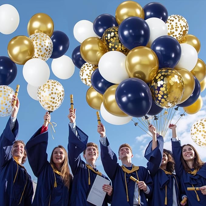 Zesliwy Navy Blue Gold Confetti Balloons Set,50pcs 12inch Royal Dark Blue Metallic Gold White Latex Balloons with Ribbon for Birthday Wedding Graduation 2026 Bridal Shower Party Decorations