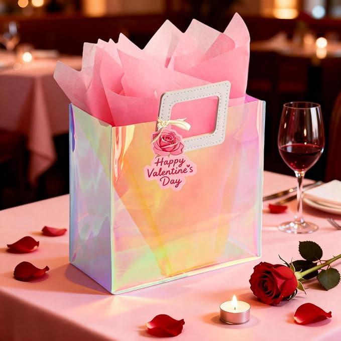 VUOJUR 11'' Medium Valentines Day Gift Bag for Women Girl Reusable Holographic Valentine Bag