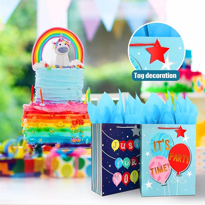 Gift Bags Large Gift Bag Set-Birthday Gift Bag for Boy Teen Kids Men Him-Blue Gift Bags with Tissue Paper-Paper Gift Bags with Handles-Big Gift Bags Birthday Gift Wrap Bag,Party Gift Bags Present Bags（2Pack,12.5Inch）