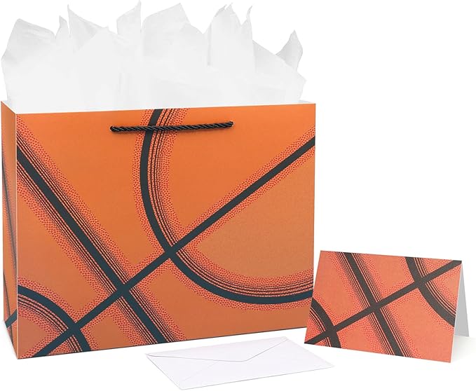 Oletx 13” Basketball Party Favor Gift Bags, Large Basketball Gift Wrapping Bag with Tissue Paper for Sports Party Birthday Goodie Gifts Treat Wrapping Bags