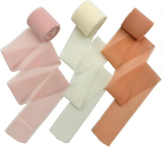 Frayed Edge Chiffon Ribbon 3 Pack, 1.5 Inch Wide Polyester Chiffon Ribbon, 21 Yards Total in Light Pink, Beige and Dark Snow Bud for Bouquet Wrapping, Wedding Decorations and Gift Packaging