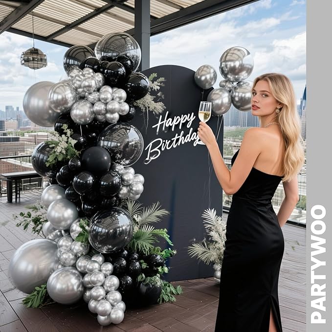 PartyWoo Black and Silver Balloons 66pcs 12 Inch Matte Black Metallic Chrome Silver Confetti Balloons for Graduation Baby Shower Men Birthday Wedding Anniversary New Year's Eve Party Decorations
