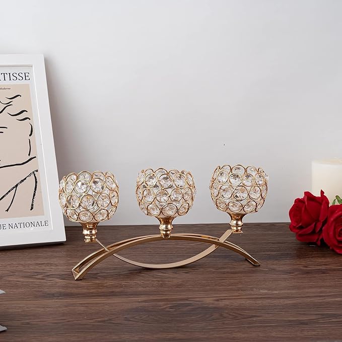 Gold Candle Holders for Table Centerpiece, 3 Arms Metal Candelabra Candlestick Holders for Home Decor, Wedding, Dinning, Party, Anniversary,Christmas Halloween Decorations