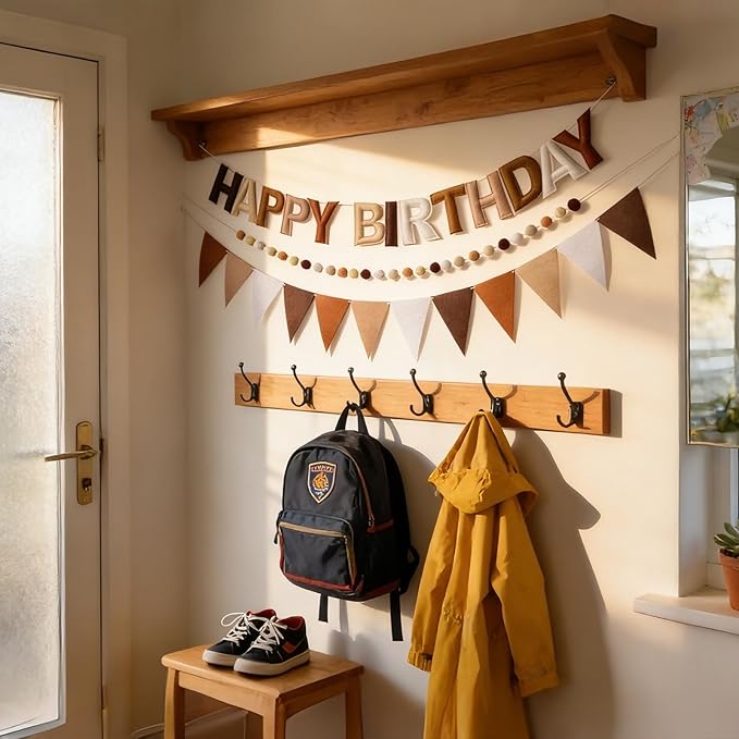 Pre-Strung Happy Birthday Banner, Reusable Felt Birthday Party Decorations, 3D Effect Happy Birthday Sign with Felt Ball Garland, Pennant Flag, Hanging Paper Fans for Men Women Boy Girls (Brown)