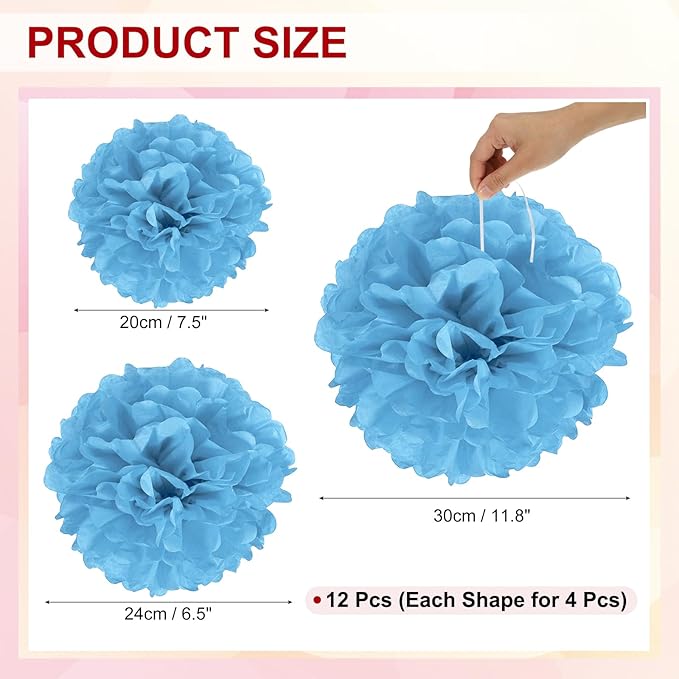 PATIKIL 8" 10" 12" Tissue Paper Pom Poms, 12PCS Pom Poms Paper Flowers Ball Tissue Paper Flowers Assorted Size for Wedding Bridal Shower Birthday Party Backdrop Decoration, Blue