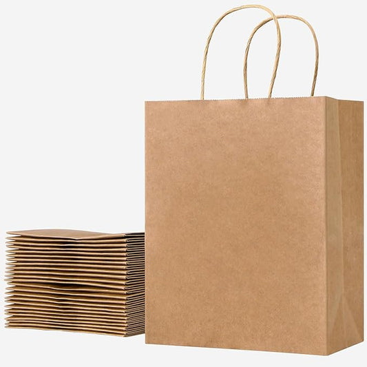 SUNCOLOR Brown Kraft Paper Gift Bags with Twisted Handles, 8x4.5x10 Inch, Medium, 25 Pack, for Shopping, Party Favors, Wedding