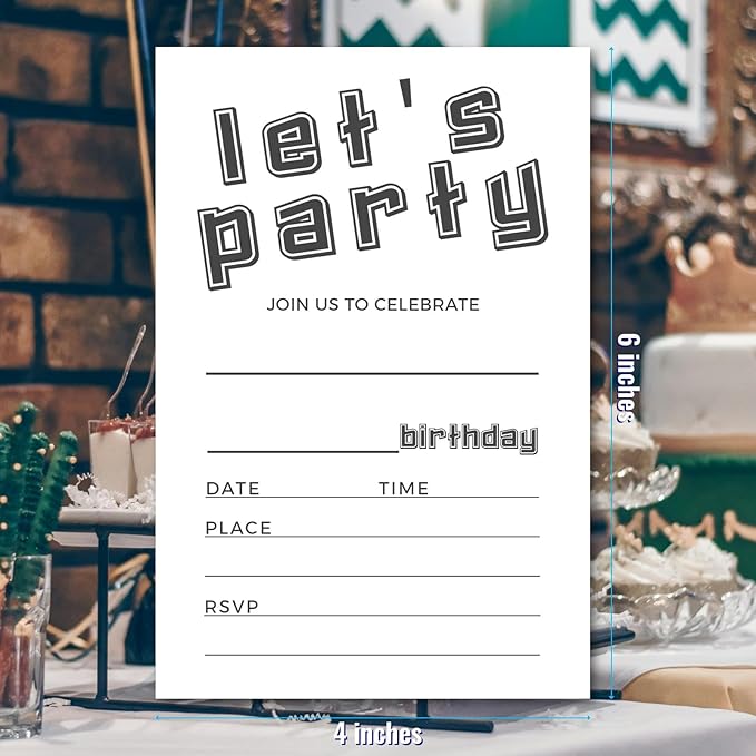 Let's Party Birthday Invitations, Simple Black and White Design Invites with Envelopes for Kids Boys Girls Teens, 25 Pcs 4x6 Inch (Black Simple)