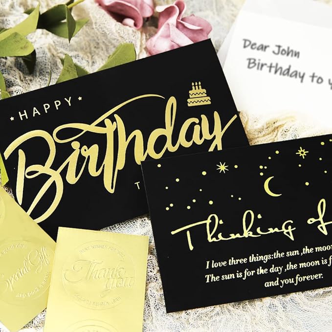 Happy Birthday Wrapping Paper for Man Women,6 Sheets Black Gold Birthday Love Heart Gift Wrapping Paper with 2 Greeting Cards for Girl Boy Wedding Graduation Christmas Gift Wrap Paper,28*20 Inch