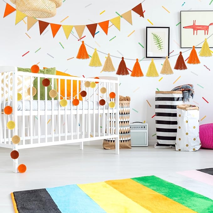 Irenare 9.8 ft Pom Pom Garland Felt Rainbow Garland 2026 Graduation Party Decoration Colorful Pennant Tassel Banner Back to School Birthday Triangle Banner for Classroom School Mantel(Autumn Colors)