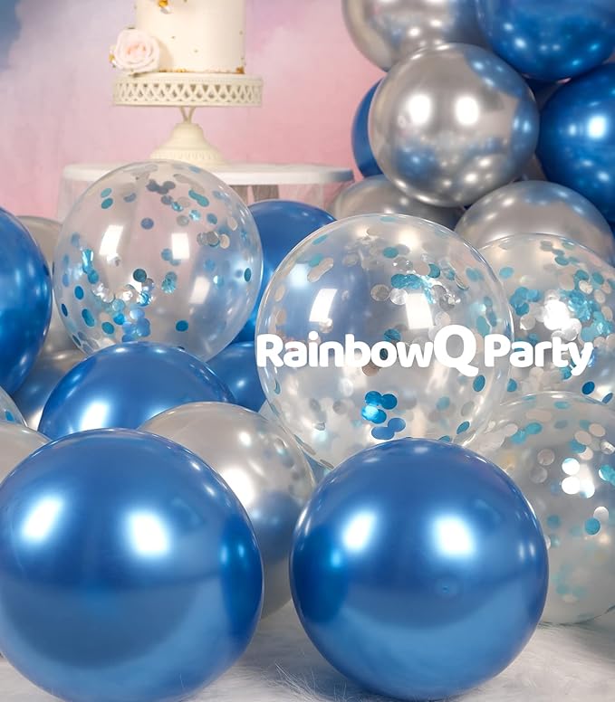 Metallic Shiny Blue and Silver Balloons 12 Inch 67PCS Silver Blue Confetti Balloons Latex Helium Balloon Set for Graduation Wedding Birthday Party Decorations
