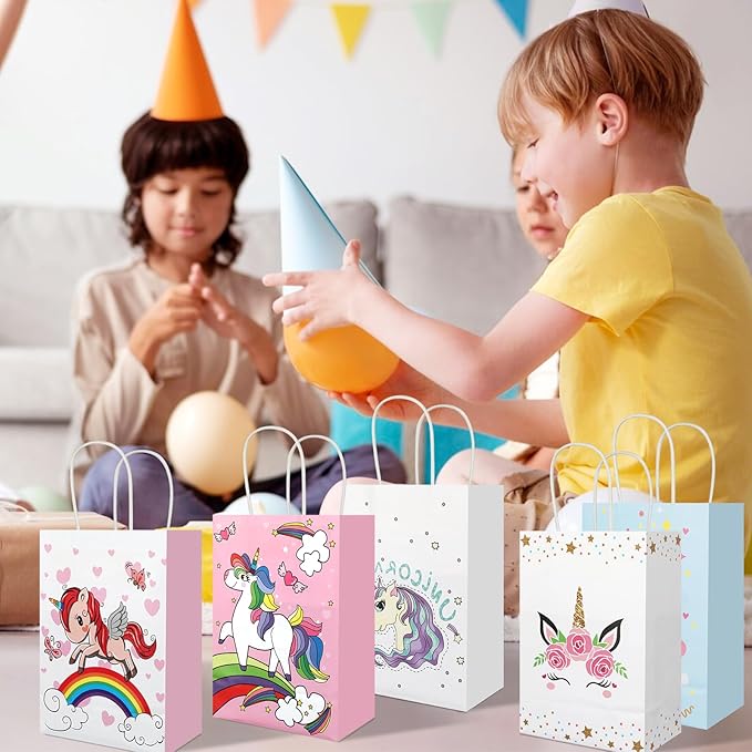 20Pcs Unicorn Party Favor Bags with Handles, Kraft Paper Bags for Rainbow Horse Birthday Party Supplies, Cute Cartoon Unicorn Party Gift Bags Goody Treat Candy Bags for Baby Shower Wedding