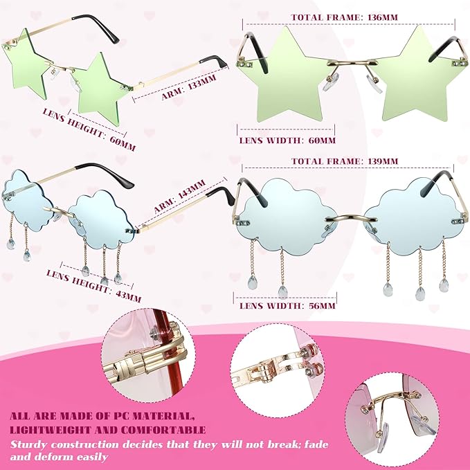 8 Pcs Irregular Sunglasses Set Heart Sunglasses Flame Cloud Butterfly Star Rimless Glasses Favors (Vibrant Style)