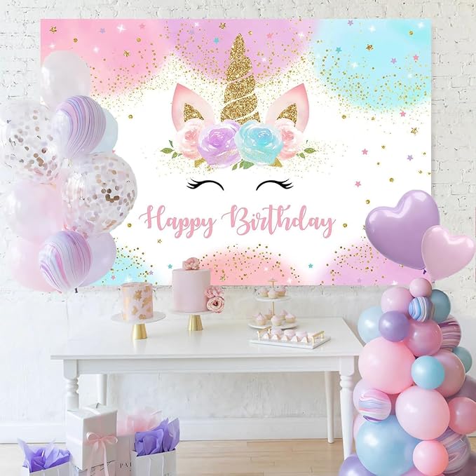 Mocsicka Unicorn Birthday Decorations Backdrop for Girls Party 6x4ft Pastel Rainbow Glitter Stars Dots Happy Birthday Banner Photo Booth Props