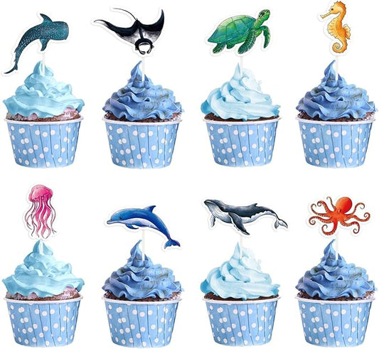 WERNNSAI 32 PCS Ocean Cupcake Toppers - Shark Birthday Party Decorations Under The Sea Cake Toppers Summer Dolphin Ocean Animal Cake Decors for Kids Ocean Baby Shower Party Supplies
