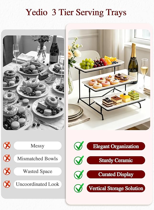 3 Tier Serving Trays for Party, Porcelain Serving Platters and Trays, 12 Inch Tiered Tray Stand, Fruit Tray, Trays for Serving Food, White Dessert Stand with Collapsible Sturdier Metal Rack