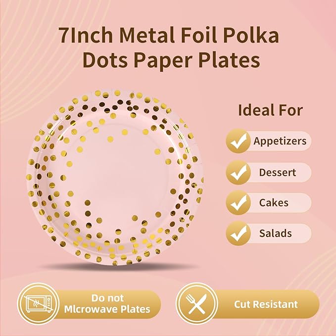 Pink and Gold Paper Tableware Set-150PCS-50 x 7'' Dessert Plates & 50 x 6.5'' Napkins & 50 x 7.3'' Forks,Disposable Party Supplies for Baby Showers,Birthday,Wedding,Bridal Showers,Anniversary