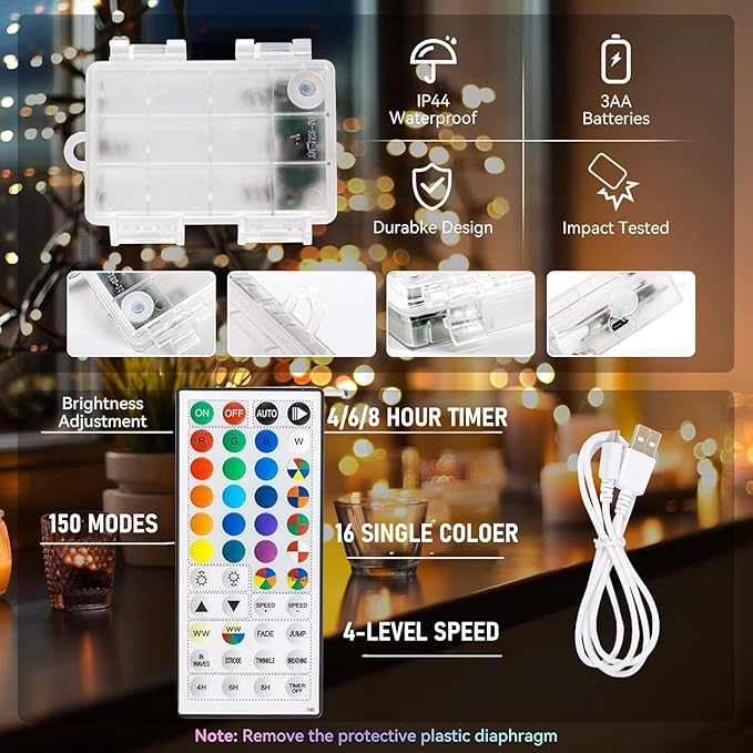 Dazzle Bright Color Changing Fairy Lights Battery Operated, 2 Pack Total 40FT 120LED Silver Copper Wire RGB String Lights with Remote, Waterproof Halloween Decorations for Indoor Outdoor Party Decor