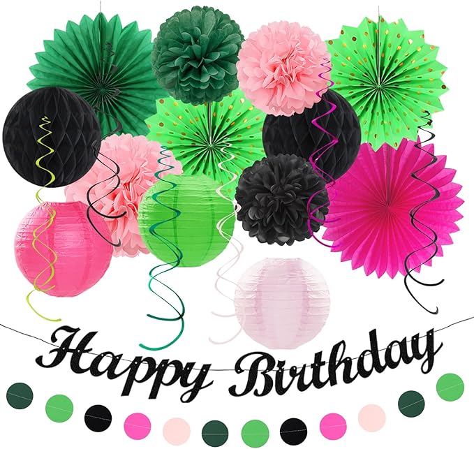 Green Hot-Pink Black Summer-Hawaiian Birthday Decorations - 21pcs Girls Woman Happy Party Banner Garland,Tropical Beach Pool Paper Streamers Lanterns,Flower Tissue Pom Poms Fan Supplies Decor Huglony