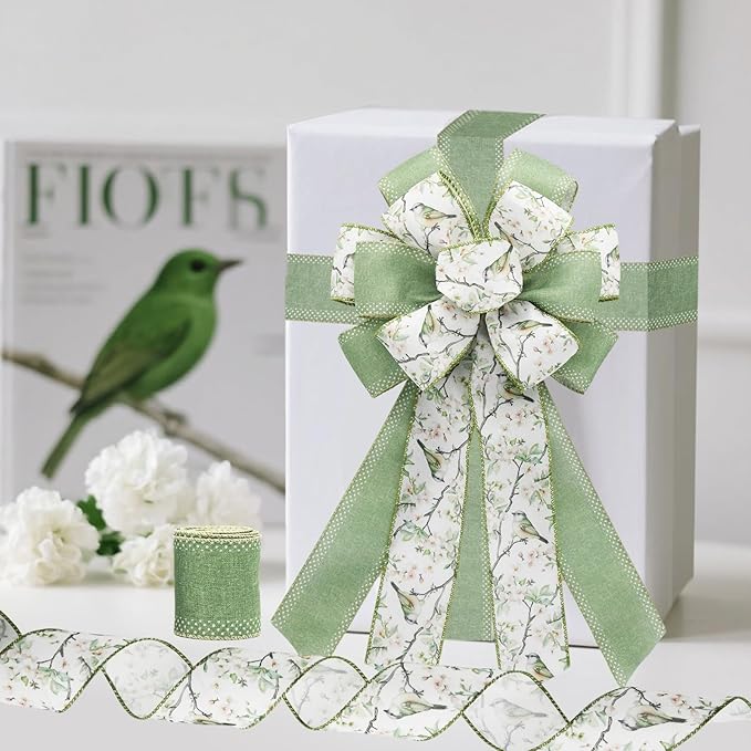 Sage Green Bird Floral Wired Ribbon Set, 2 Rolls 2.5 Inch x 10 Yards Total, Vintage Botanical Bird Ribbon for Wreaths, Bows, Gift Wrapping, Wedding Decor, Spring Summer Crafts