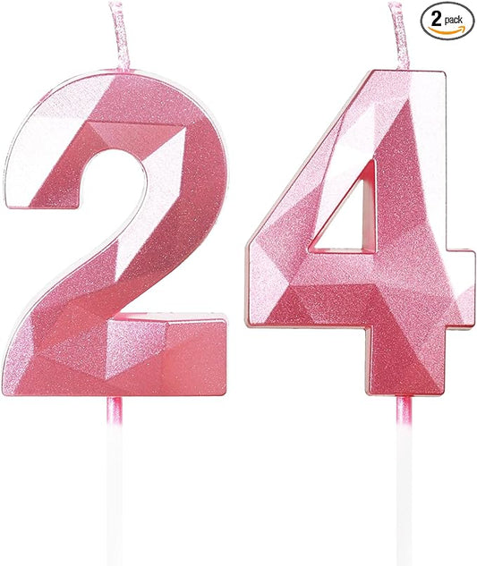 24th Birthday Candles,Number 24 Candles,Pink Happy Birthday Candle for Cake,3D Design Cake Topper Decorations for Women Men Birthday Party Wedding Anniversary Celebration Supplies