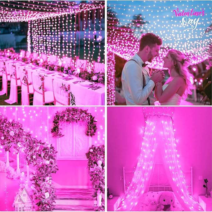 FULLBELL Fairy Lights Outdoor String Lights 33ft 100 LED with Memory Modes Controller, Extendable Christmas Lights Decorations for Wedding, Christmas, Party, Patio, Indoor Outdoor (Pink)