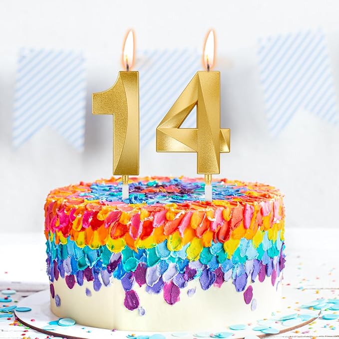 Birthday Candles, 1.96 Inch Number 14 Happy Birthday Candles, Number Candles Decoration for Birthday Party and Anniversary Celebration(Champagne Gold)