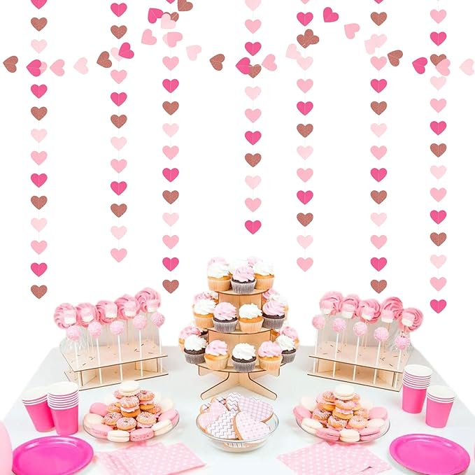Light-Pink Rose-Gold Valentines Party-Decorations Heart-Garland - 52ft Red Galentines Streamers Banner,Women Romantic Special Night Wedding Bachelorette Bridal Shower Birthday Backdrop Decor Burgleda