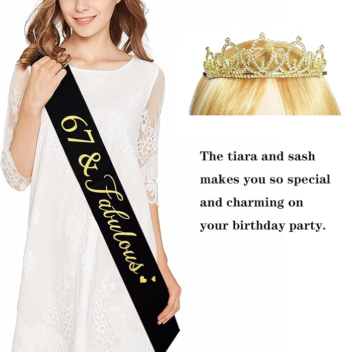 Happy 67th Birthday Tiara and Sash Gifts Crystal Rhinestone Princess Crown Birthday Women Party Favor Supplies Gold Crowns Black Sash