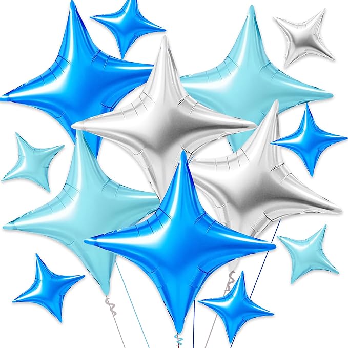 TONIFUL 30Pcs 26In&10In Star Balloons Blue Silver Four Pointed Foil Mini Star Mylar Balloons for Birthday Wedding Baby Shower Anniversary Engagement Party Decor Supplies