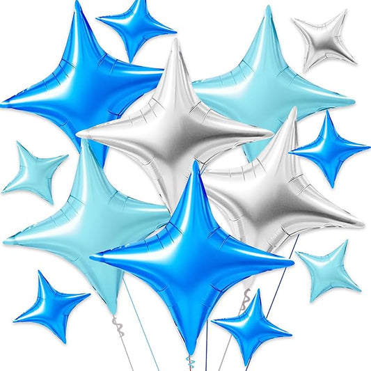 TONIFUL 30Pcs 26In&10In Star Balloons Blue Silver Four Pointed Foil Mini Star Mylar Balloons for Birthday Wedding Baby Shower Anniversary Engagement Party Decor Supplies