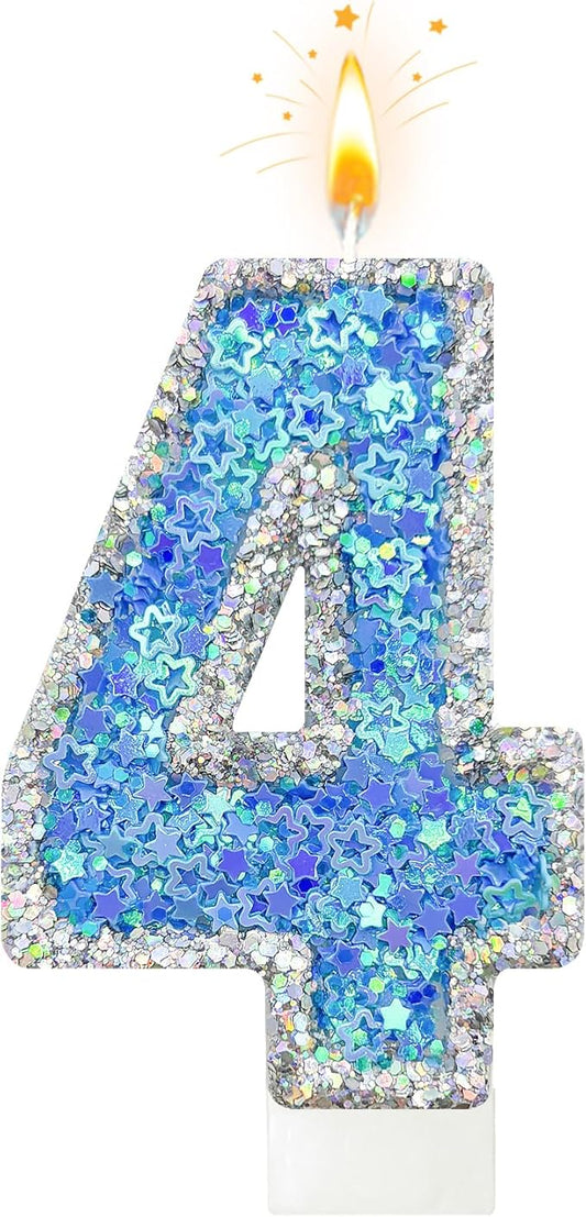Blue Star Number 4 Candle for Cake Decoration, Glitter Star Cake Topper, Shaker Style Number Candle for Anniversary Celebration Party Supplies