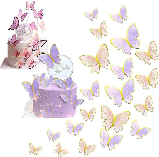 20PCS Gold Pink Purple Butterfly Cupcake Toppers - Handmade Cake Decorations for Girls Baby Shower Wedding Birthday Party Decor - Mixed Size