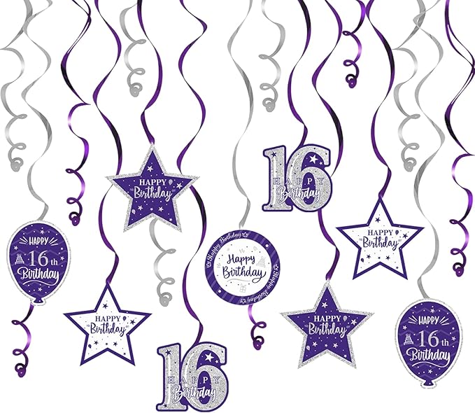 Happy 16th Birthday Purple & Silver Glitter Swirls Streamers Party Decorations - 15 Pcs 16th Birthday Hanging Swirls Streamers Kit,Cheers to Sixteen Years Old Bday Party Sign.