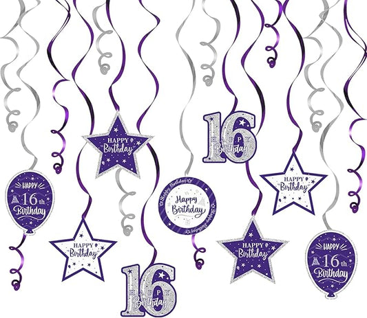 Happy 16th Birthday Purple & Silver Glitter Swirls Streamers Party Decorations - 15 Pcs 16th Birthday Hanging Swirls Streamers Kit,Cheers to Sixteen Years Old Bday Party Sign.