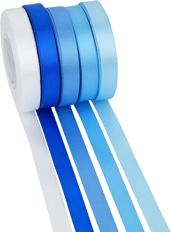 MAYREEL Blue Satin Ribbon 3/8 Inch Thin Light Baby Blue Ribbon Assortment for Gift Wrapping Wedding Bridal Baby Shower Party Decorations 5 Rolls x 10 Yards Total 50 Yards