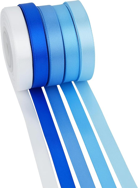 MAYREEL Blue Satin Ribbon 3/8 Inch Thin Light Baby Blue Ribbon Assortment for Gift Wrapping Wedding Bridal Baby Shower Party Decorations 5 Rolls x 10 Yards Total 50 Yards