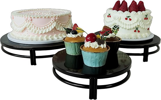 3 Pcs Round Nesting Metal Cake Stands Set 8/10/12 inch Metal Cupcake Display Stands Dessert Trays, Table Decoration Cookie Serving Plates, Suitable for Weddings, Birthdays, Parties, 3 Sizes. (Black)