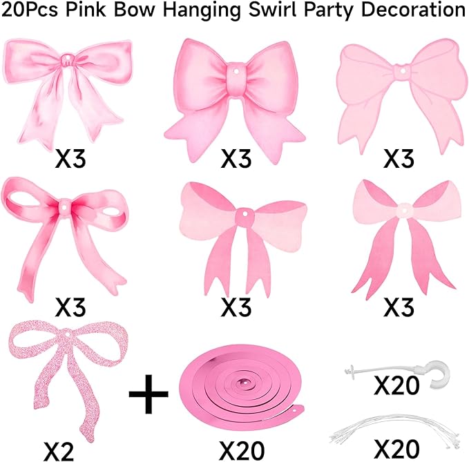 jijAcraft Pink Bow Garland, 20Pcs Bow Birthday Banner, Girl Theme Party Garland Banner, Pink Swirls Decoration for Baby Shower, Bridal Shower, Bachelorette